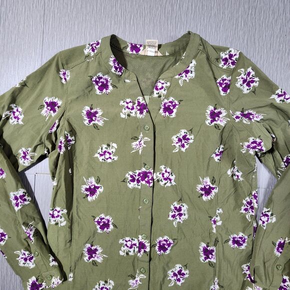 Duluth Trading Co Womens Button Up Tunic Top Green Floral Nylon Blouse Vented XS - Picture 3 of 11